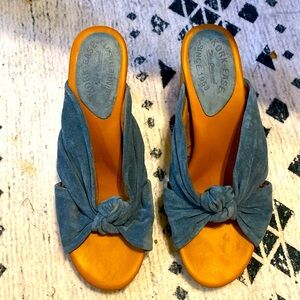 Kork-Ease Blue Teal Suede Slip-On Sandals w/ Stacked Wooden Block Heels, EUC, 9.